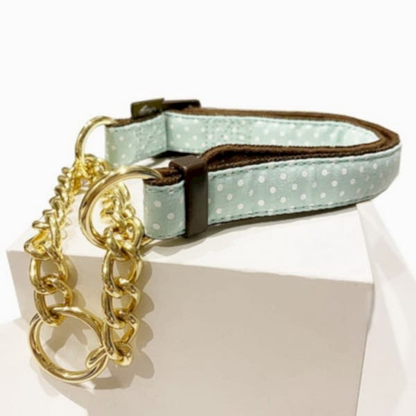 Japan Premium Pet Ошейник в горошек с позолоченной цепочкой, цвет мятный, р.S 