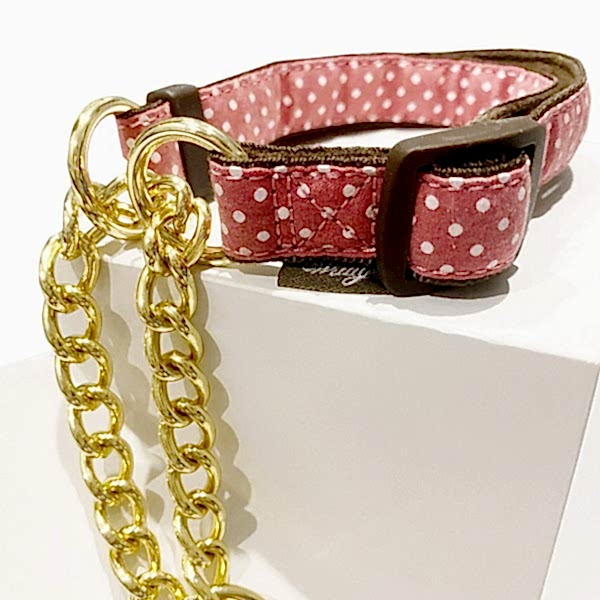 Japan Premium Pet Ошейник в горошек с позолоченной цепочкой, цвет розовый, р.M