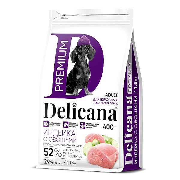 Delicana сухой полнорационный корм для взрослых собак мелких пород с индейкой и овощами 400 г/1*20