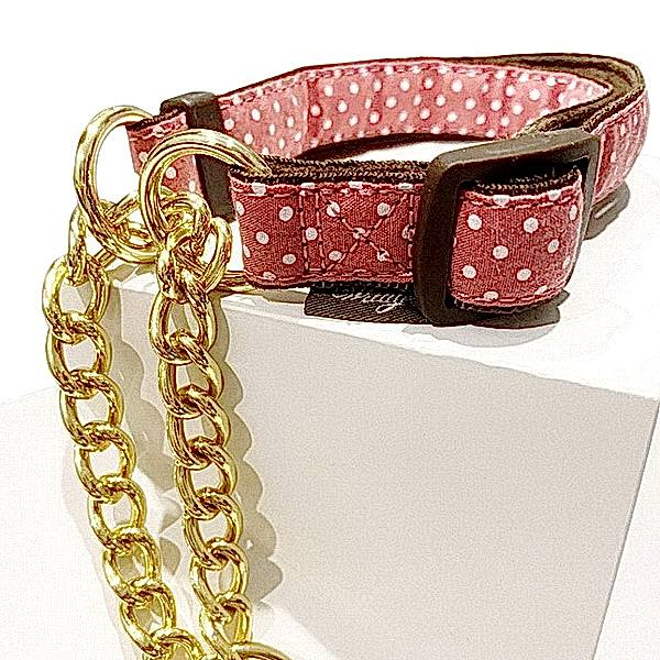 Ошейник в горошек с позолоченной цепочкой, цвет розовый, р.S