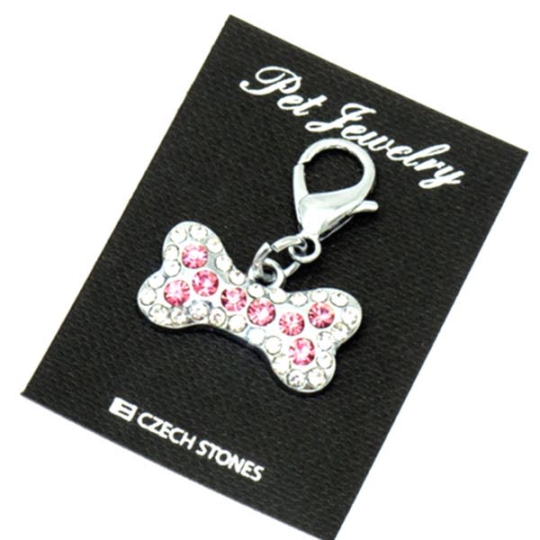 Медальон-адресник д/собак метал.Кость стразы розовые+белые