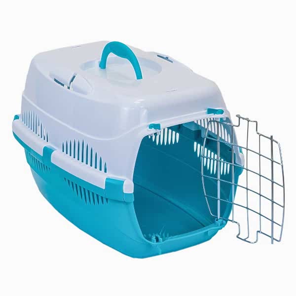 DELIPET переноска пластиковая с металл.двер, 42*27*27см (до 9кг) цвет: бирюз.низ/бел.верх