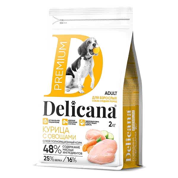 Delicana сухой полнорационный корм для взрослых собак средних пород с курицей и овощами 2 кг/1*6